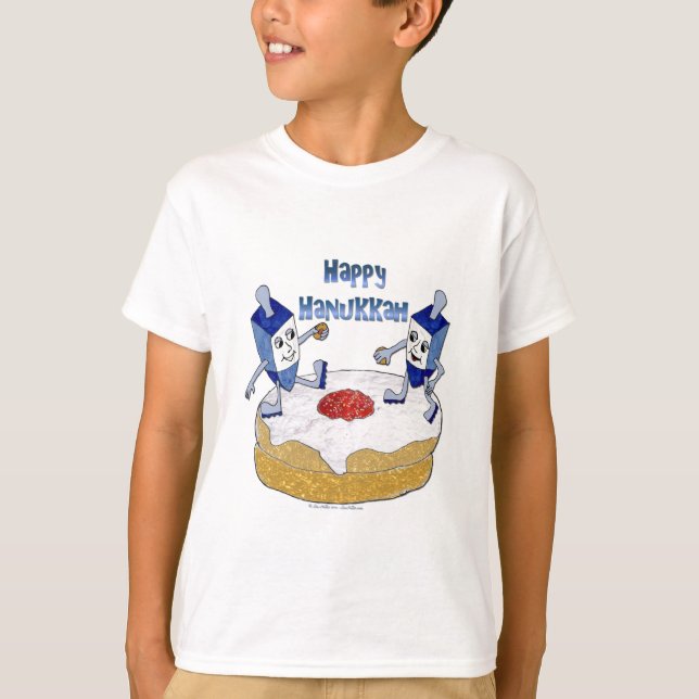 Judaica Happy Hanukkah Dancing Dreidels Doughnut T-Shirt (Front)