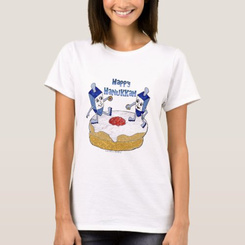 Judaica Happy Hanukkah Dancing Dreidels Doughnut T_Shirt