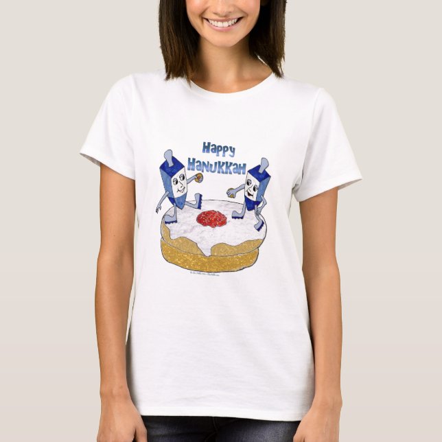 Judaica Happy Hanukkah Dancing Dreidels Doughnut T-Shirt (Front)