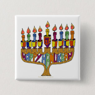 Judaica Happy Hanukkah Dreidel Menorah Button