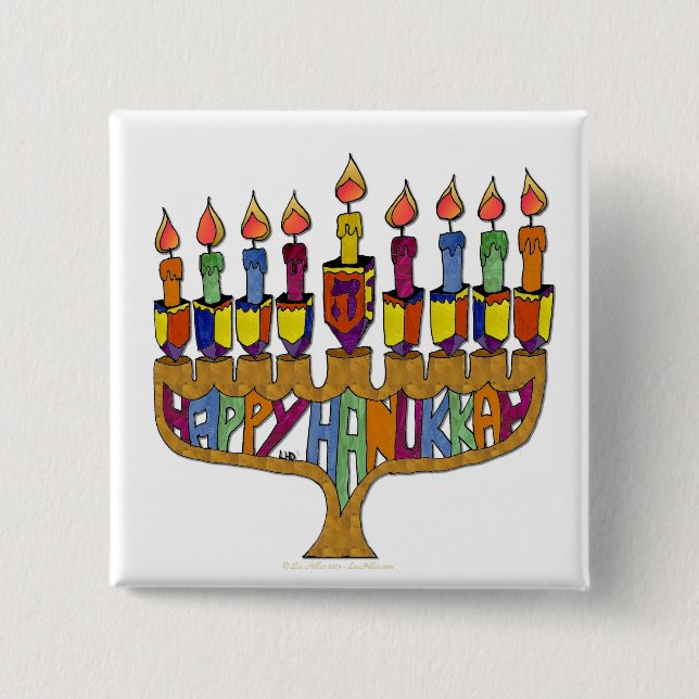 Judaica Happy Hanukkah Dreidel Menorah Button (Front)