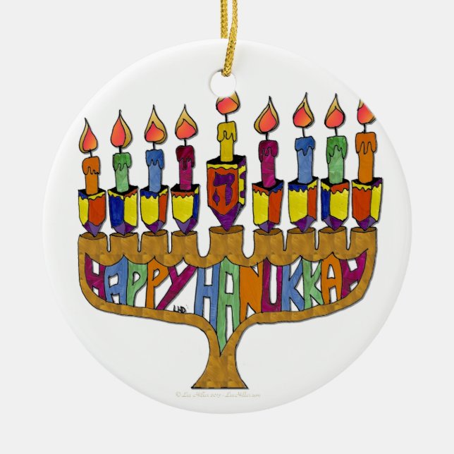 Judaica Happy Hanukkah Dreidel Menorah Ceramic Ornament (Front)