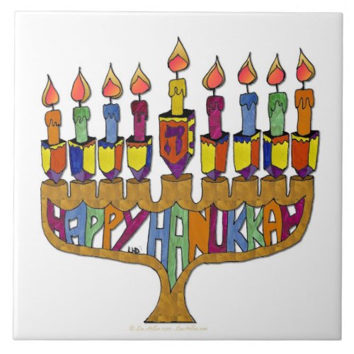 Judaica Happy Hanukkah Dreidel Menorah Ceramic Tile