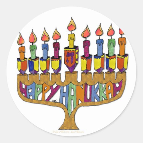 Judaica Happy Hanukkah Dreidel Menorah Classic Round Sticker