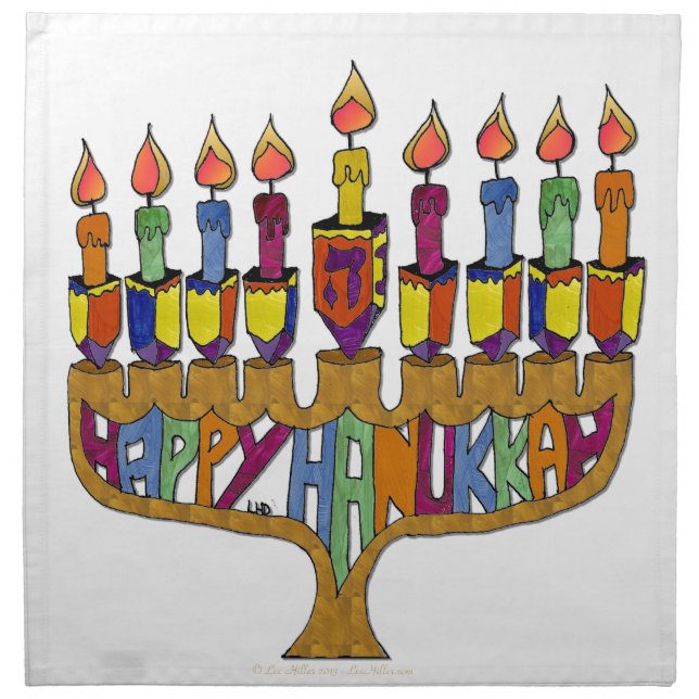 Judaica Happy Hanukkah Dreidel Menorah Cloth Napkin (Front)