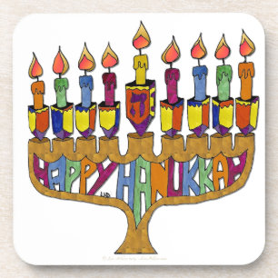 Judaica Happy Hanukkah Dreidel Menorah Coaster
