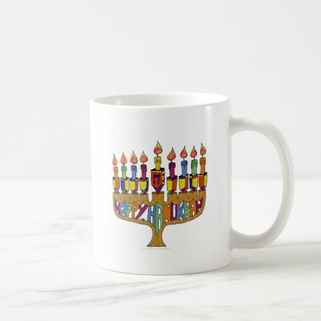 Judaica Happy Hanukkah Dreidel Menorah Coffee Mug (Right)