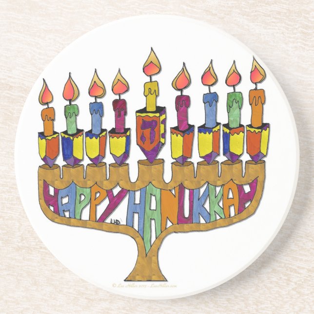 Judaica Happy Hanukkah Dreidel Menorah Drink Coaster (Front)