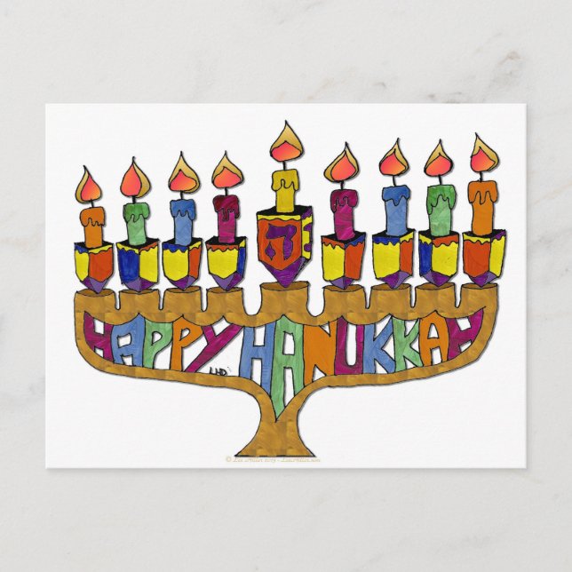 Judaica Happy Hanukkah Dreidel Menorah Holiday Postcard (Front)
