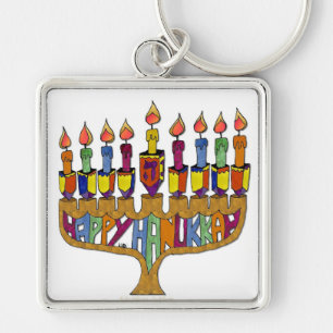 Judaica Happy Hanukkah Dreidel Menorah Keychain