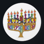 Judaica Happy Hanukkah Dreidel Menorah Large Clock<br><div class="desc">You are viewing The Lee Hiller Designs Collection of Home and Office Decor,  Apparel,  Gifts and Collectibles. The Designs include Lee Hiller Photography and Mixed Media Digital Art Collection. You can view her Nature photography at http://HikeOurPlanet.com/ and follow her hiking blog within Hot Springs National Park.</div>