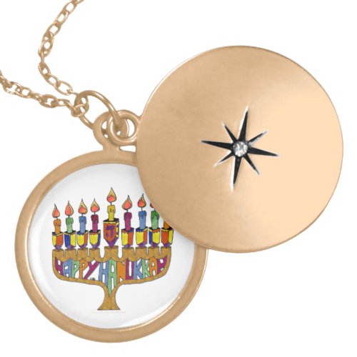 Judaica Happy Hanukkah Dreidel Menorah Locket Necklace