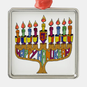Judaica Happy Hanukkah Dreidel Menorah Metal Ornament