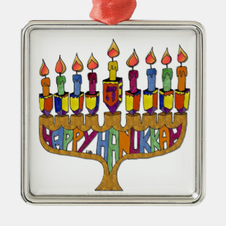 Judaica Happy Hanukkah Dreidel Menorah Metal Ornament