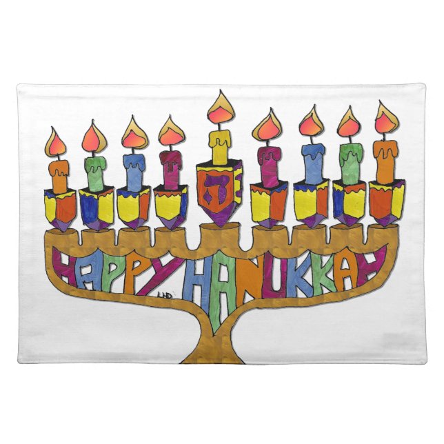 Judaica Happy Hanukkah Dreidel Menorah Placemat (Front)