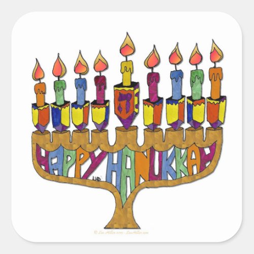 Judaica Happy Hanukkah Dreidel Menorah Square Sticker