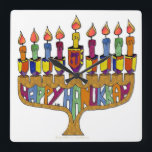 Judaica Happy Hanukkah Dreidel Menorah Square Wall Clock<br><div class="desc">You are viewing The Lee Hiller Designs Collection of Home and Office Decor,  Apparel,  Gifts and Collectibles. The Designs include Lee Hiller Photography and Mixed Media Digital Art Collection. You can view her Nature photography at http://HikeOurPlanet.com/ and follow her hiking blog within Hot Springs National Park.</div>