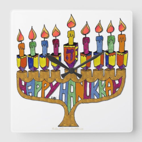 Judaica Happy Hanukkah Dreidel Menorah Square Wall Clock
