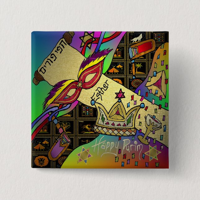 Judaica Happy Purim Jewish Holiday Gifts Apparel Pinback Button (Front)