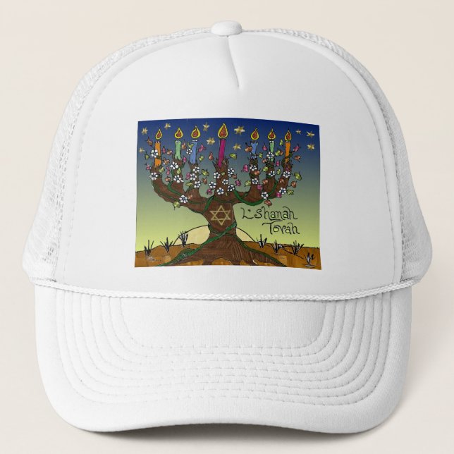 Judaica L'shanah Tovah Tree Of Life Gifts Apparel Trucker Hat (Front)