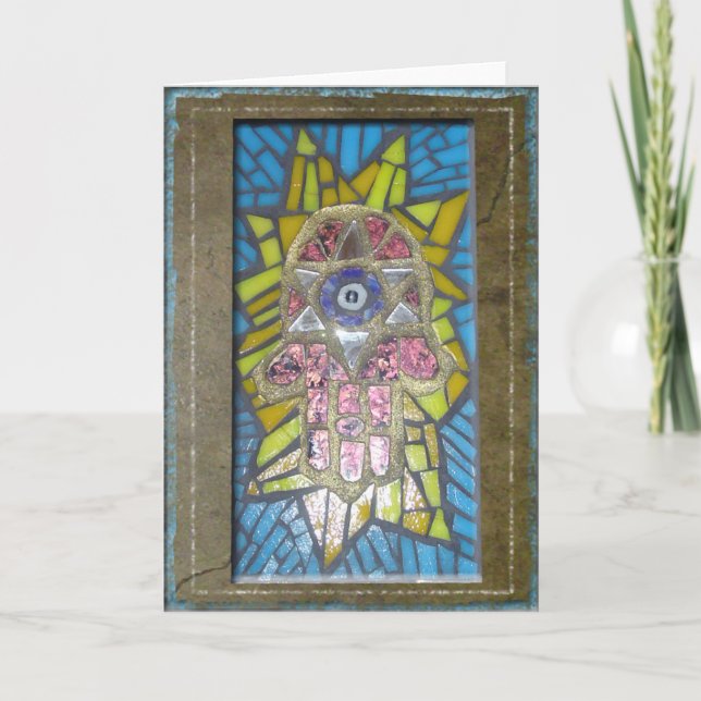Judaica: Mosaic Glowing Hamsa w/Star of David Card (Front)
