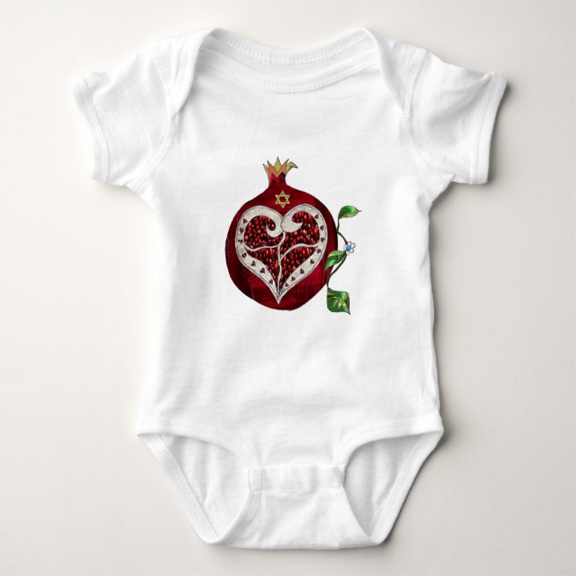Judaica Pomegranate Heart Hanukkah Rosh Hashanah Baby Bodysuit (Front)