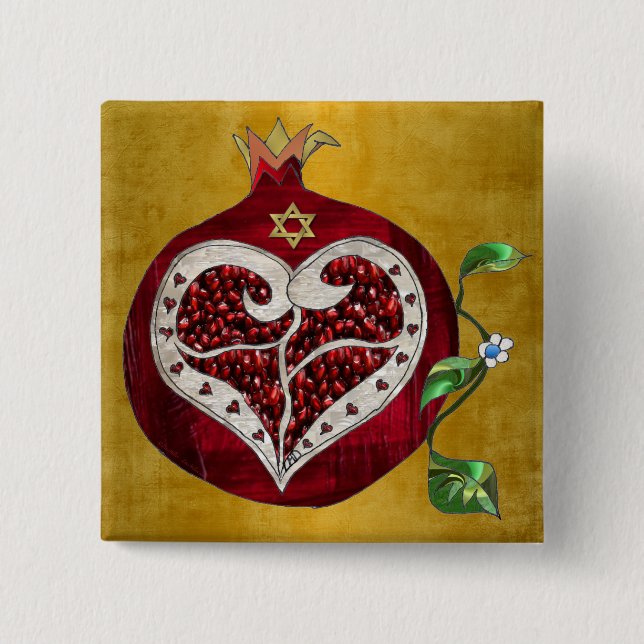 Judaica Pomegranate Heart Hanukkah Rosh Hashanah Button (Front)