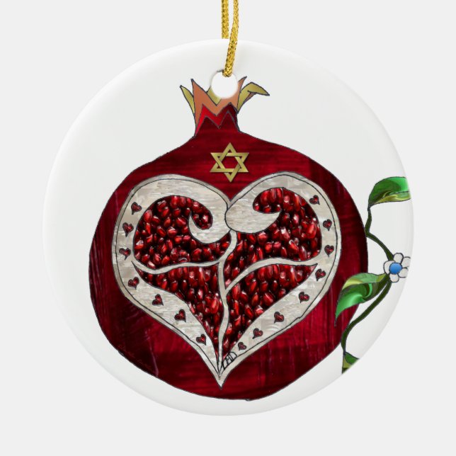 Judaica Pomegranate Heart Hanukkah Rosh Hashanah Ceramic Ornament (Front)
