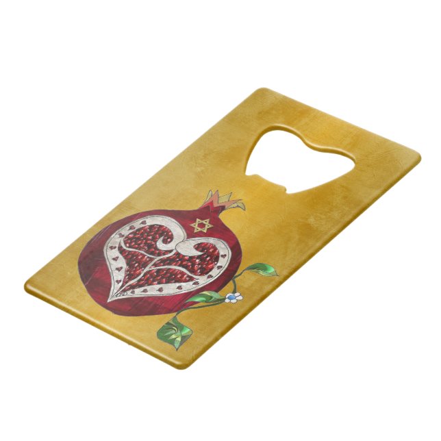 Judaica Pomegranate Heart Hanukkah Rosh Hashanah Credit Card Bottle Opener (Front Angled)