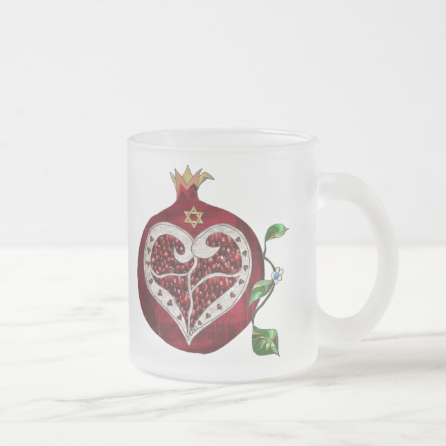 Judaica Pomegranate Heart Hanukkah Rosh Hashanah Frosted Glass Coffee Mug (Right)