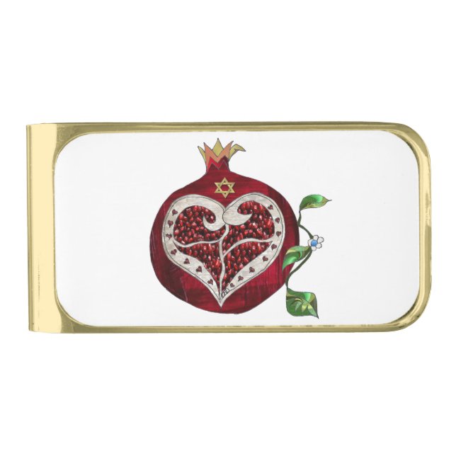 Judaica Pomegranate Heart Hanukkah Rosh Hashanah Gold Finish Money Clip (Front)
