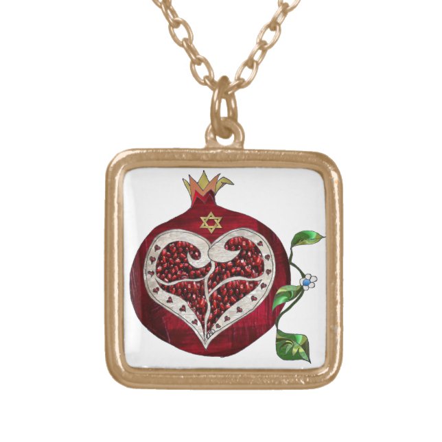 Judaica Pomegranate Heart Hanukkah Rosh Hashanah Gold Plated Necklace (Front)