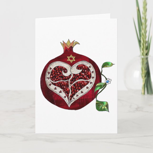 Judaica Pomegranate Heart Hanukkah Rosh Hashanah Holiday Card (Front)
