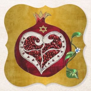Judaica Pomegranate Heart Hanukkah Rosh Hashanah Paper Coaster
