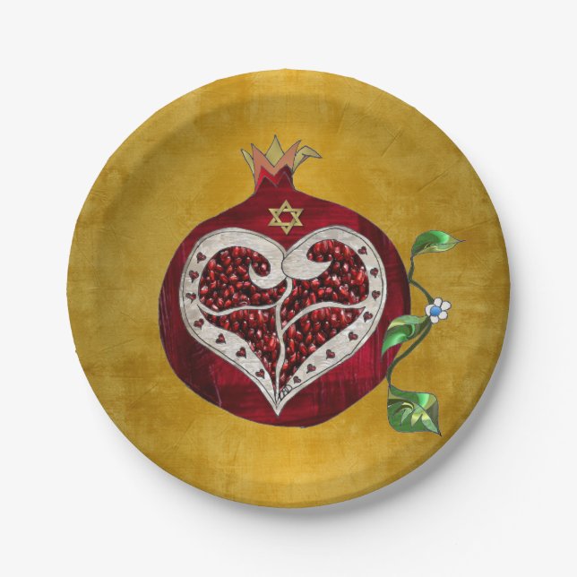 Judaica Pomegranate Heart Hanukkah Rosh Hashanah Paper Plates (Front)