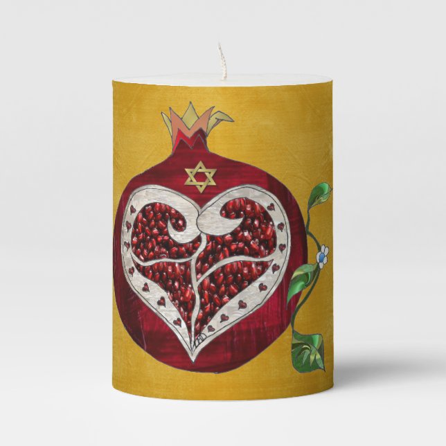 Judaica Pomegranate Heart Hanukkah Rosh Hashanah Pillar Candle (Front)