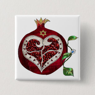 Judaica Pomegranate Heart Hanukkah Rosh Hashanah Pinback Button
