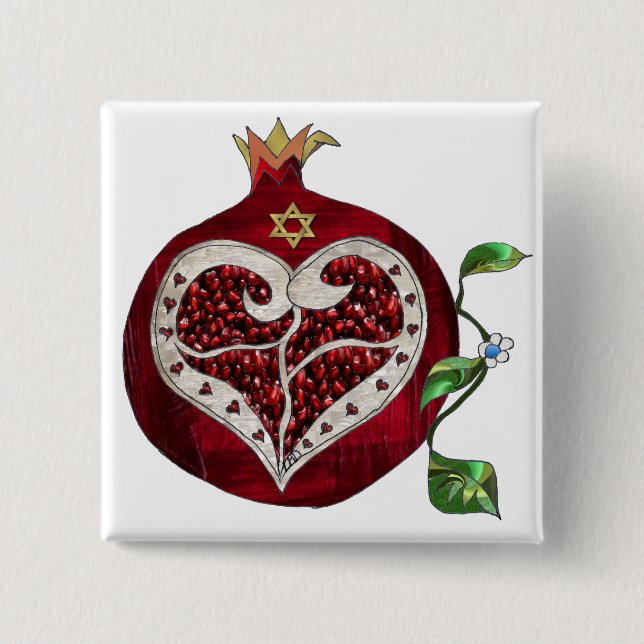 Judaica Pomegranate Heart Hanukkah Rosh Hashanah Pinback Button (Front)