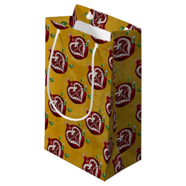 Judaica Pomegranate Heart Hanukkah Rosh Hashanah Small Gift Bag (Front Angled)