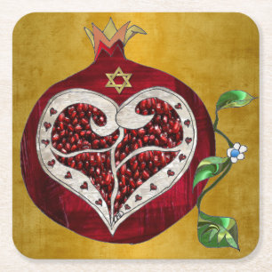 Judaica Pomegranate Heart Hanukkah Rosh Hashanah Square Paper Coaster