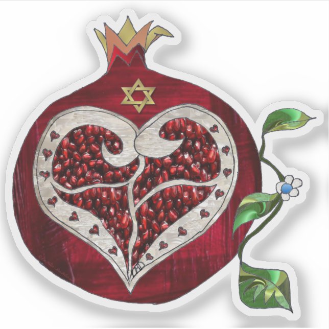 Judaica Pomegranate Heart Hanukkah Rosh Hashanah Sticker (Front)