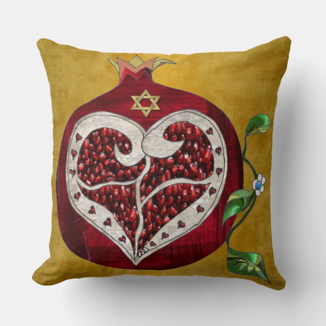 Judaica Pomegranate Heart Hanukkah Rosh Hashanah Throw Pillow (Front)