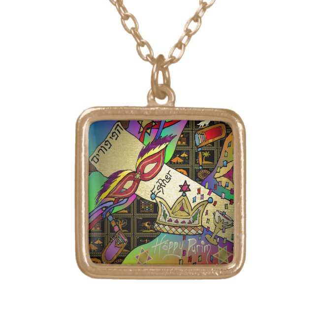 Judaica Purim Esther Celebration Art Print Gold Plated Necklace (Front)