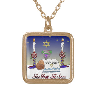 Judaica Shabbat Shalom Art Print Gold Plated Necklace