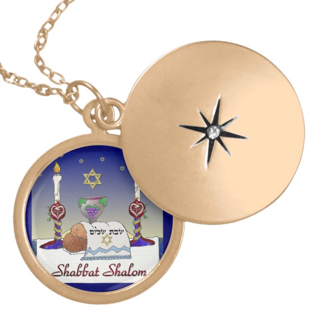 Judaica Shabbat Shalom Art Print Locket Necklace (Front)