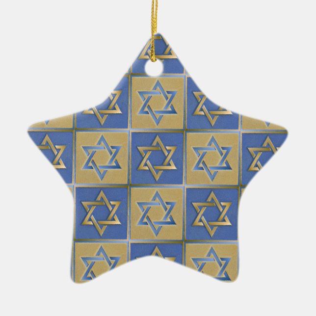 Judaica Star Of David Metal Gold Blue Ceramic Ornament (Front)