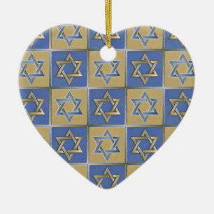 Judaica Star Of David Metal Gold Blue Ceramic Ornament