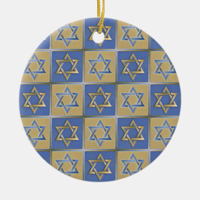 Judaica Star Of David Metal Gold Blue Ceramic Ornament (Front)