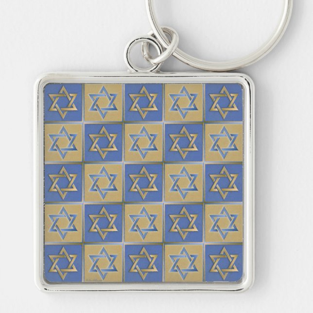 Judaica Star Of David Metal Gold Blue Keychain (Front)