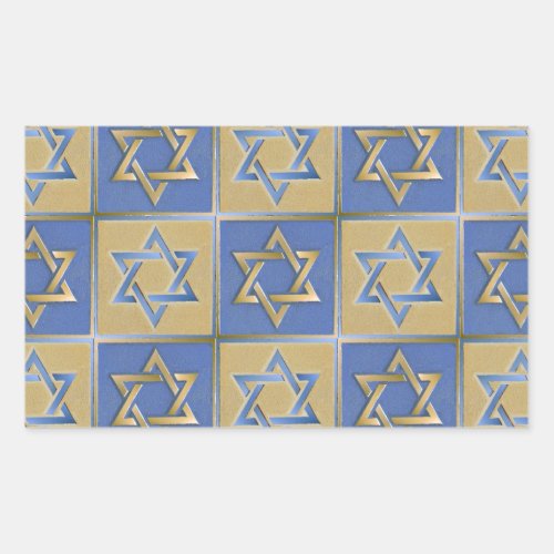 Judaica Star Of David Metal Gold Blue Rectangular Sticker